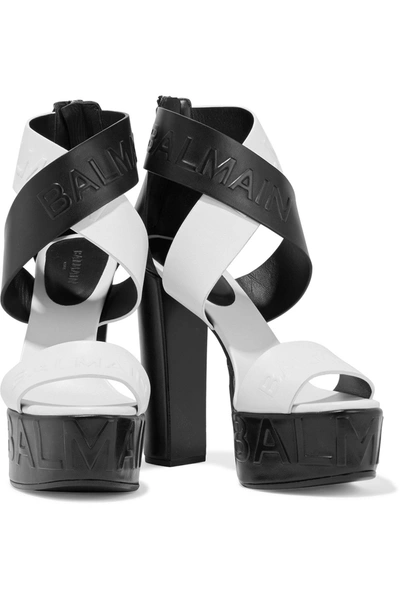 Balmain Embossed Two-tone Leather Platform Sandals In Black