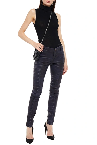 Pierre Balmain Moto-style Burnished-leather Skinny Pants In Navy