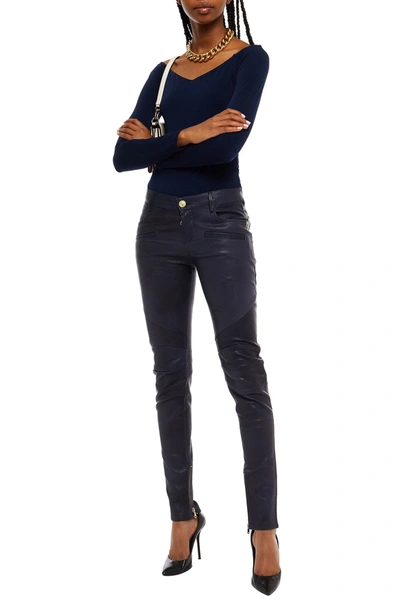 Pierre Balmain Moto-style Burnished-leather Skinny Pants In Midnight Blue