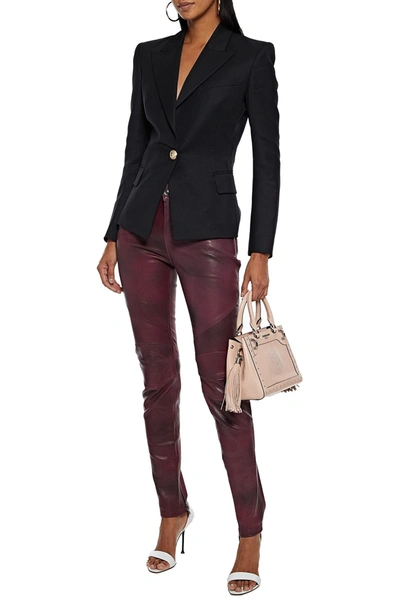 Pierre Balmain Moto-style Burnished-leather Skinny Pants In Burgundy