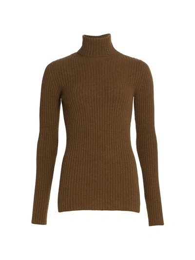 Saint Laurent Ribbed Virgin Wool Turtleneck In Camel