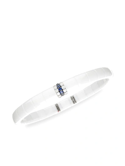 Roberto Demeglio White Gold And White Ceramic Pura Stretch Bracelet With Diamonds And Blue Sapphires