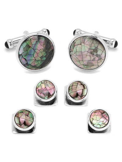 Cufflinks, Inc 3-piece Ox And Bull Trading Co. Mosaic Smoke Mother Of Pearl Stud Set In Silver