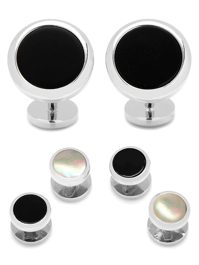 Cufflinks, Inc 3-piece Ox And Bull Trading Co. Double Sided Onyx Round Beveled Stud Set In Silver