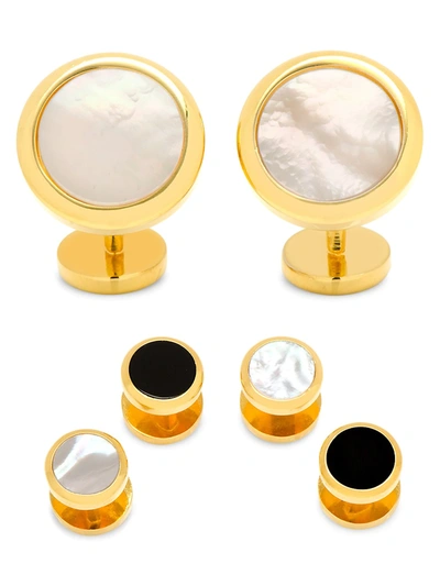 Cufflinks, Inc 3-piece Ox And Bull Trading Co. Double Sided Gold Mother Of Pearl Round Beveled Stud Set In White Gold