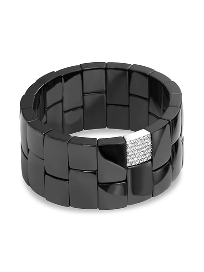 Roberto Demeglio White Gold And Black Ceramic Domino 2-row Stretch Bracelet With One Diamond Section