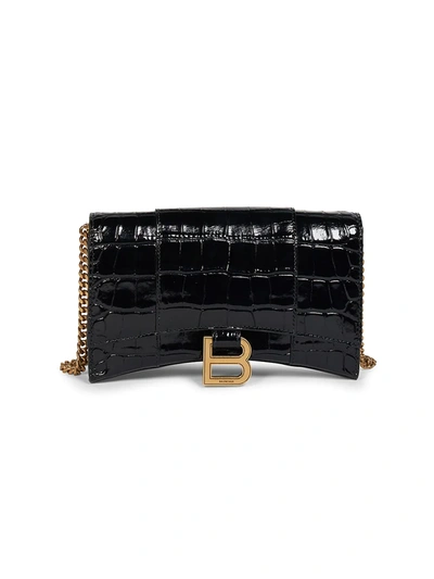 Balenciaga Hourglass Croc Embossed Leather Wallet On A Chain In Black