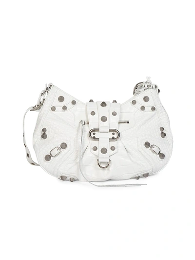 Balenciaga Cagole Medium Studded Croc-effect Leather Shoulder Bag In White