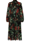 Dolce & Gabbana Black Rose Print Flared Silk Dress In Schwarz