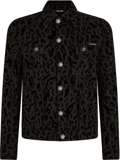 Dolce & Gabbana Stretch Denim Jacket With Leopard Print In Grey