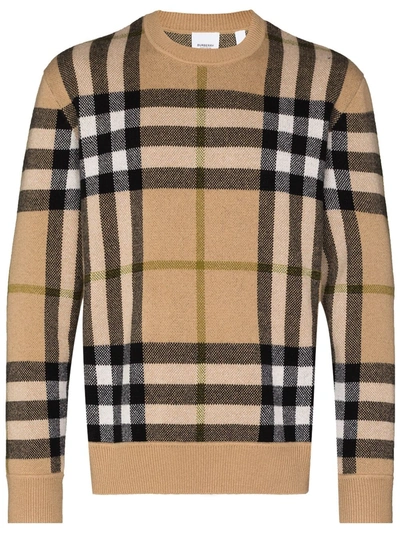 Burberry Beige Cashmere Check Jacquard Sweater In Beige,black,yellow