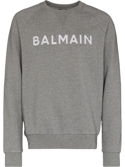 Balmain Flocked-logo Cotton Sweatshirt In Grey