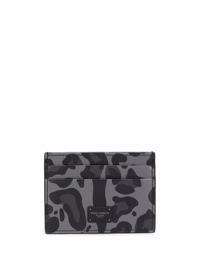 Dolce & Gabbana Leopard-print Leather Cardholder In Grau