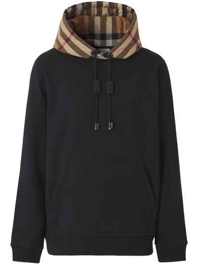 Burberry Check Motif Cotton Hoodie In Black