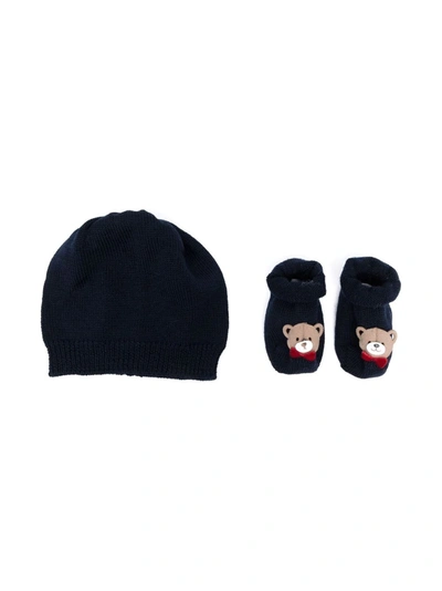 La Perla Babies' Teddy-bear Beanie And Glove Set In 蓝色