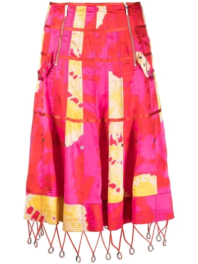 Pre-owned Dior 2003  Abstract-print Flared Silk Skirt In 粉色