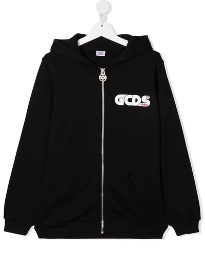 Gcds Teen Logo-print Cotton Hoodie In Black