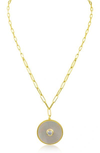 Cz By Kenneth Jay Lane Medallion Mother Of Pearl & Cz Pendant Necklace In White/ Clear/ Gold