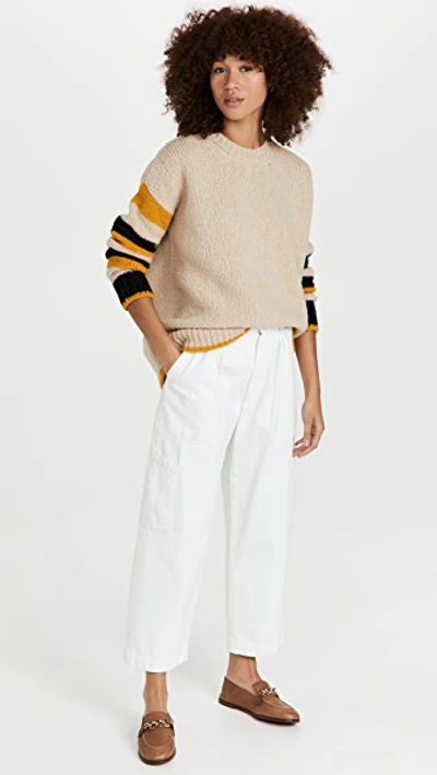 La Doublej Crew Boy Striped Bouclé-knit Organic Wool And Alpaca-blend Jumper In Cammello-nero-giallo