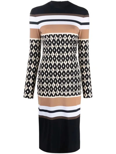 Valentino Logo-pattern Striped Dress In Black