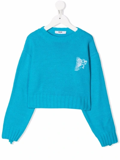 Msgm Kids Turquoise Sweater With Fringes And Logo In Azzurro