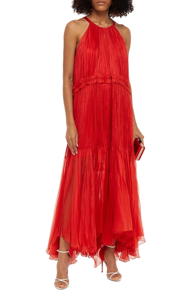 Maria Lucia Hohan Maella Ruffle-trimmed Metallic Plissé Silk-crepon Gown In Tomato Red
