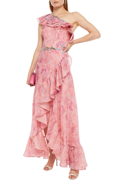 Costarellos Trine One-shoulder Ruffled Floral-print Silk-blend Organza Maxi Dress In Pink
