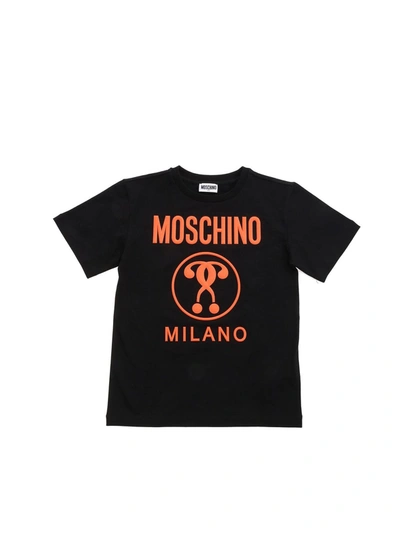 Moschino Kids' Double Question Mark T-shirt In Black And Orange