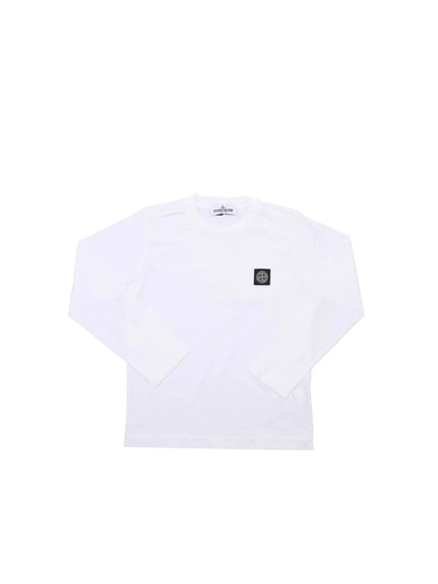 Stone Island Kids' Long Sleeves Logo T-shirt In White