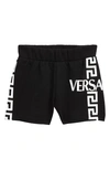 Versace Black Bermuda Shorts With White Greca Print And Logo Kids In Black White