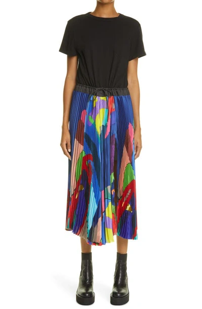 Sacai Polka Dot-print Pleated Maxi Skirt W/ Belt In Blue