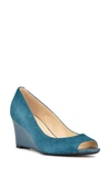 Nine West Women's Cape 9x9 Peep Toe Dress Wedges Pumps Women's Shoes In Teal Suede