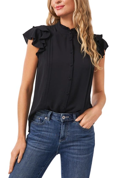 Cece Pintuck Ruffle Short Sleeve Blouse In Rich Black