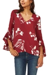 Vince Camuto Floral Print Trumpet Sleeve Top In Earth Red