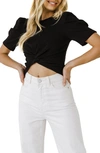 Endless Rose Twist-front Puff-sleeve Crop Top In Black