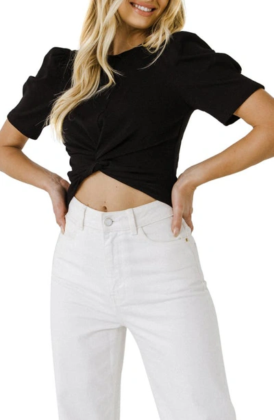 Endless Rose Twist-front Puff-sleeve Crop Top In Black