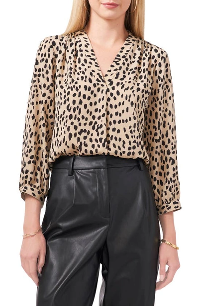 Vince Camuto Print Ruffle V-neck Crepe Blouse In Rich Black