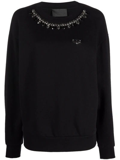 Philipp Plein Crystal-embellished Cotton Sweatshirt In Schwarz