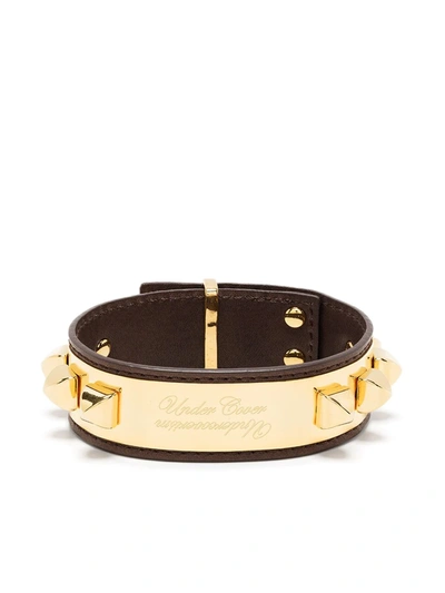 Undercover Engraved Spiked Gold-tone And Full-grain Leather Cuff In Black