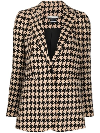 Alice And Olivia Breann Signature Long Fitted Houndstooth Print Blazer In Almond/ Black