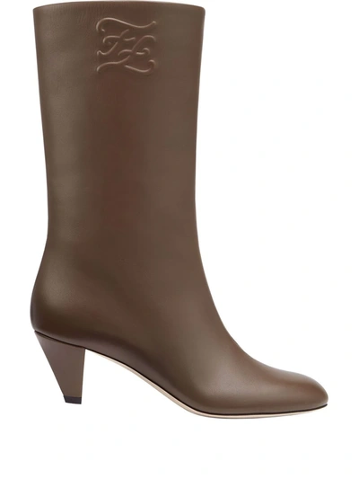 Fendi Ff Karligraphy Leather Ankle Boots In Brown