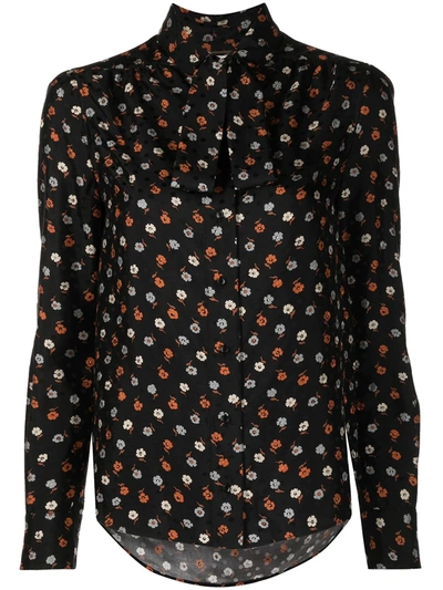 Saint Laurent Floral-print Long-sleeve Blouse In Black