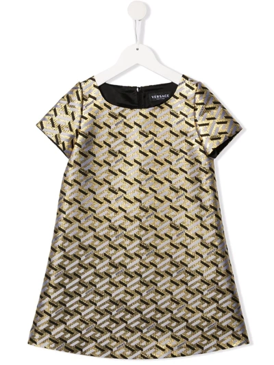 Versace Black And Gold Dress With Greca Print Kids In Nero/oro