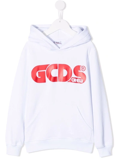 Gcds Kids' Printed Logo Cotton Sweatshirt Hoodie In Bianco