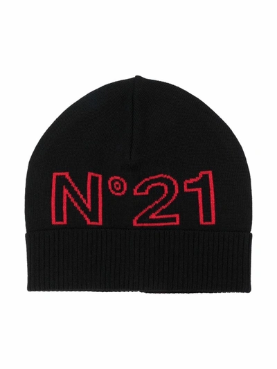 N°21 Kids' Logo Intarsia Wool Blend Knit Beanie Hat In Black
