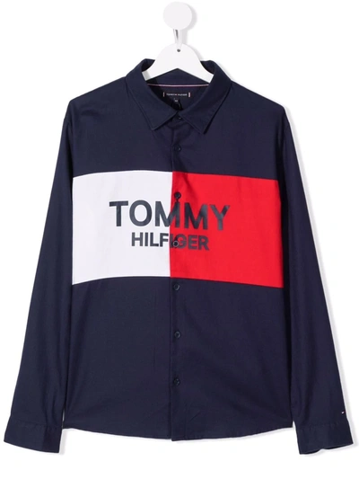 Tommy Hilfiger Junior Teen Logo-print Button-up Shirt In Blue