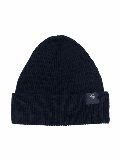 Fay Babies' Ribbed-knit Logo-patch Beanie In Blue