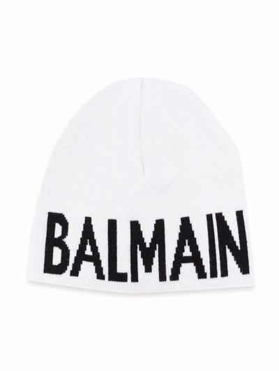 Balmain Kids' Logo Intarsia Beanie In White