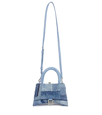 Balenciaga Hourglass Upcycled Denim Patchwork Top-handle Bag In Blue