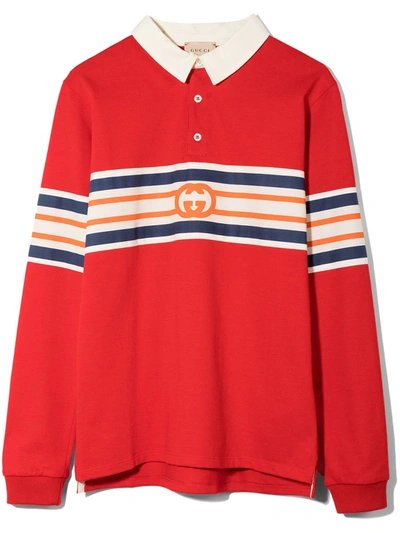 Gucci Kids' Interlocking G Long-sleeve Polo Shirt In Red
